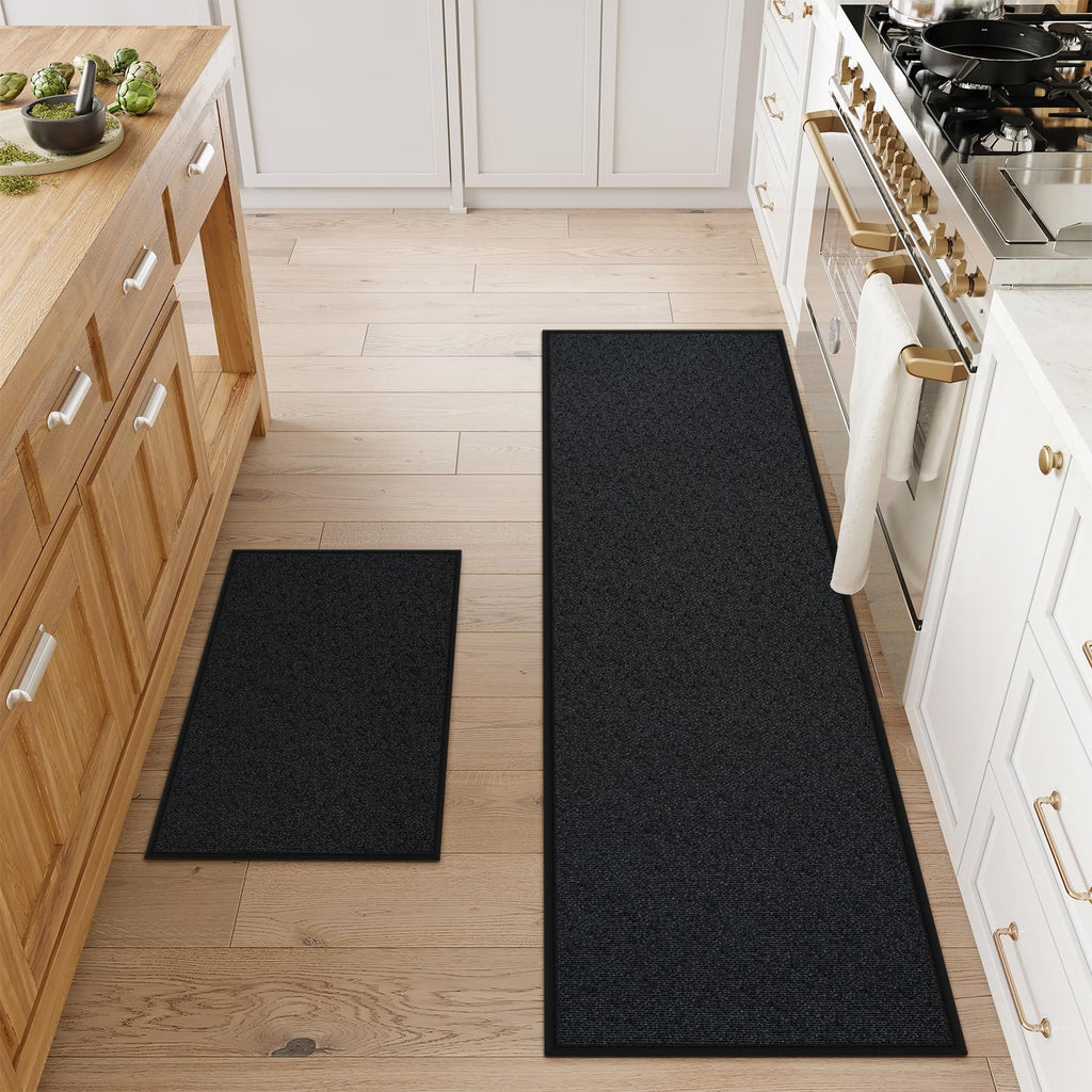 Sungea Washable Kitchen Rugs Sets of 2 Padded Kitchen Floor Mats Non Slip Kitchen Runner Rug Absorbent Jute Rug for Kitchen Carpet Runners for Hallways Sink Laundry Office(Black)