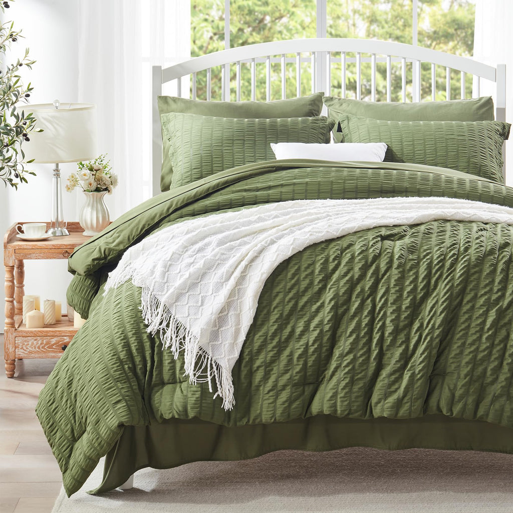 Zzlpp Full Comforter Set 7 Pieces Olive Green Seersucker Bed in a Bag with Comforter and Sheets All Season Bedding Sets with 1 Comforter 2 Pillow Shams 2 Pillowcases 1 Flat Sheet 1 Fitted Sheet