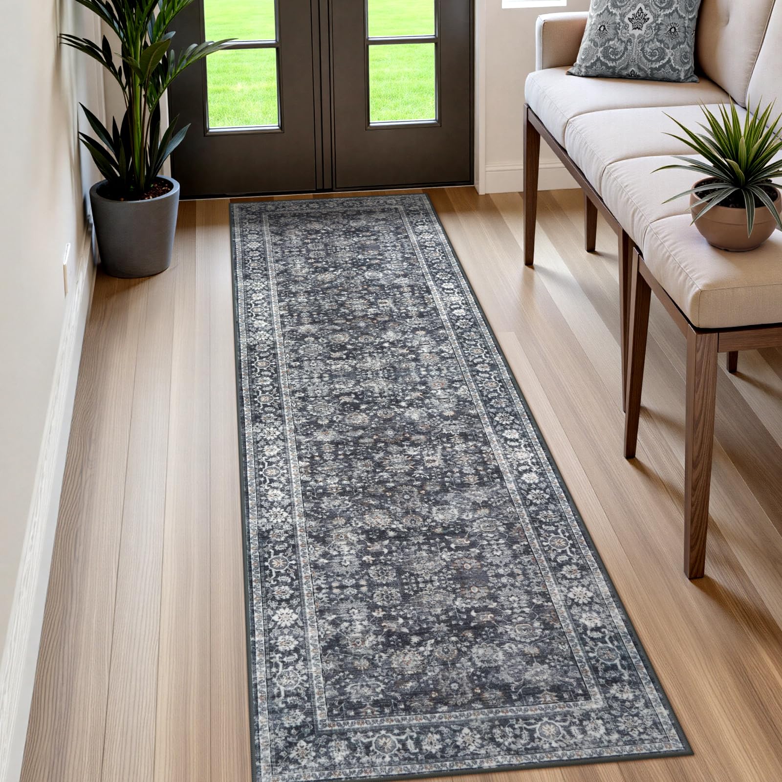 Sungea Vintage Carpet Runners for Hallway 6ft Low Pile Kitchen Runner Rugs Non Slip Washable Runner Rug for Bedroom Distressed Boho Floor Rug for Bathroom Entryway(Dark Grey2x6)