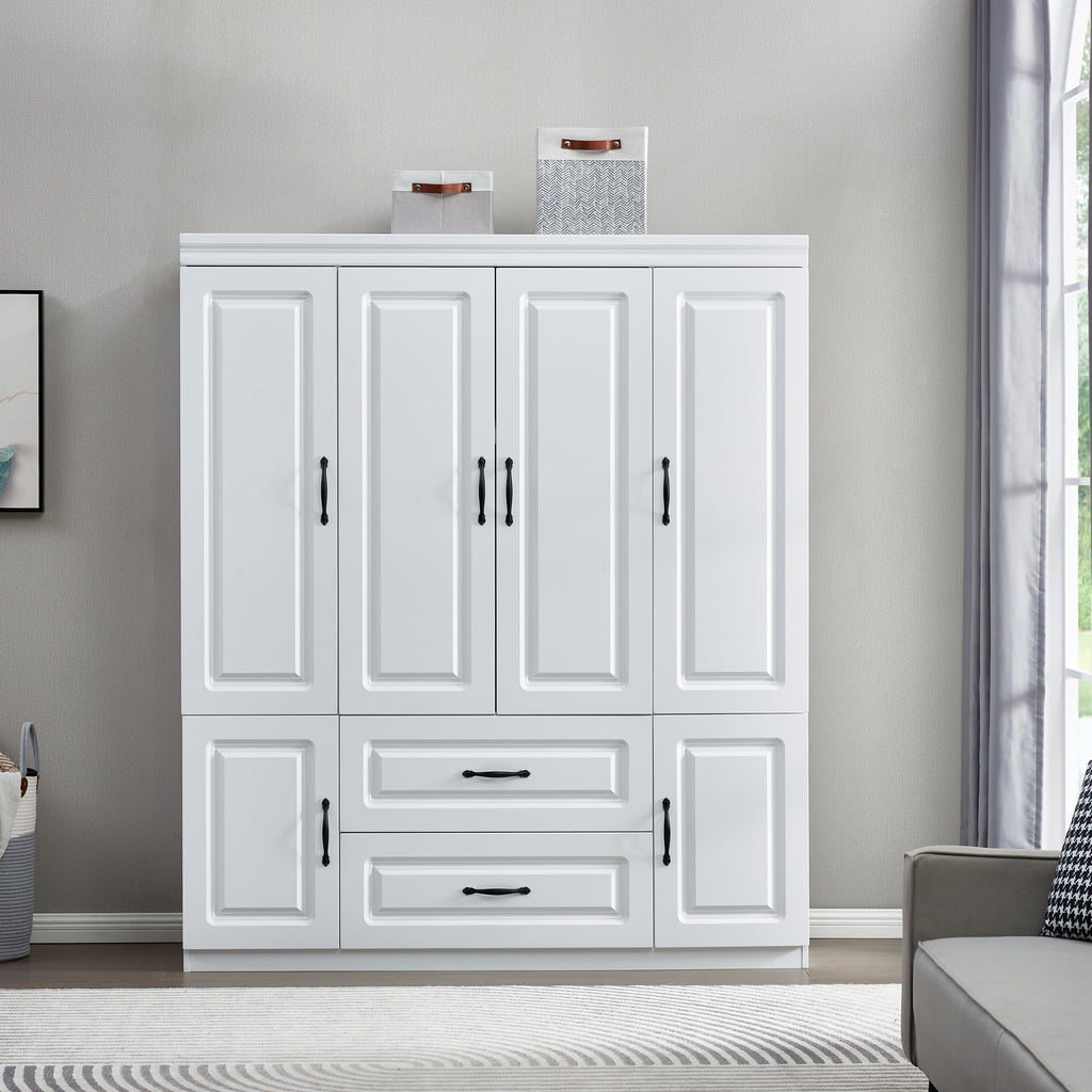 YG-15 74" H White Solid Wood Freestanding Wardrobe Closet for Clothes Storage. Bedroom Wardrobe Storage Cabinet featuring 2 Hanging Rod Shelves, 2 Drawers, and 5 Storage Compartments