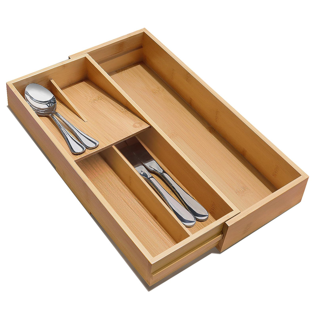 guiogc Expandable Bamboo Kitchen Drawer Organizer - Silverware Organizer - Utensil Holder and Cutlery Tray for Flatware Organizers and Kitchen Utensils