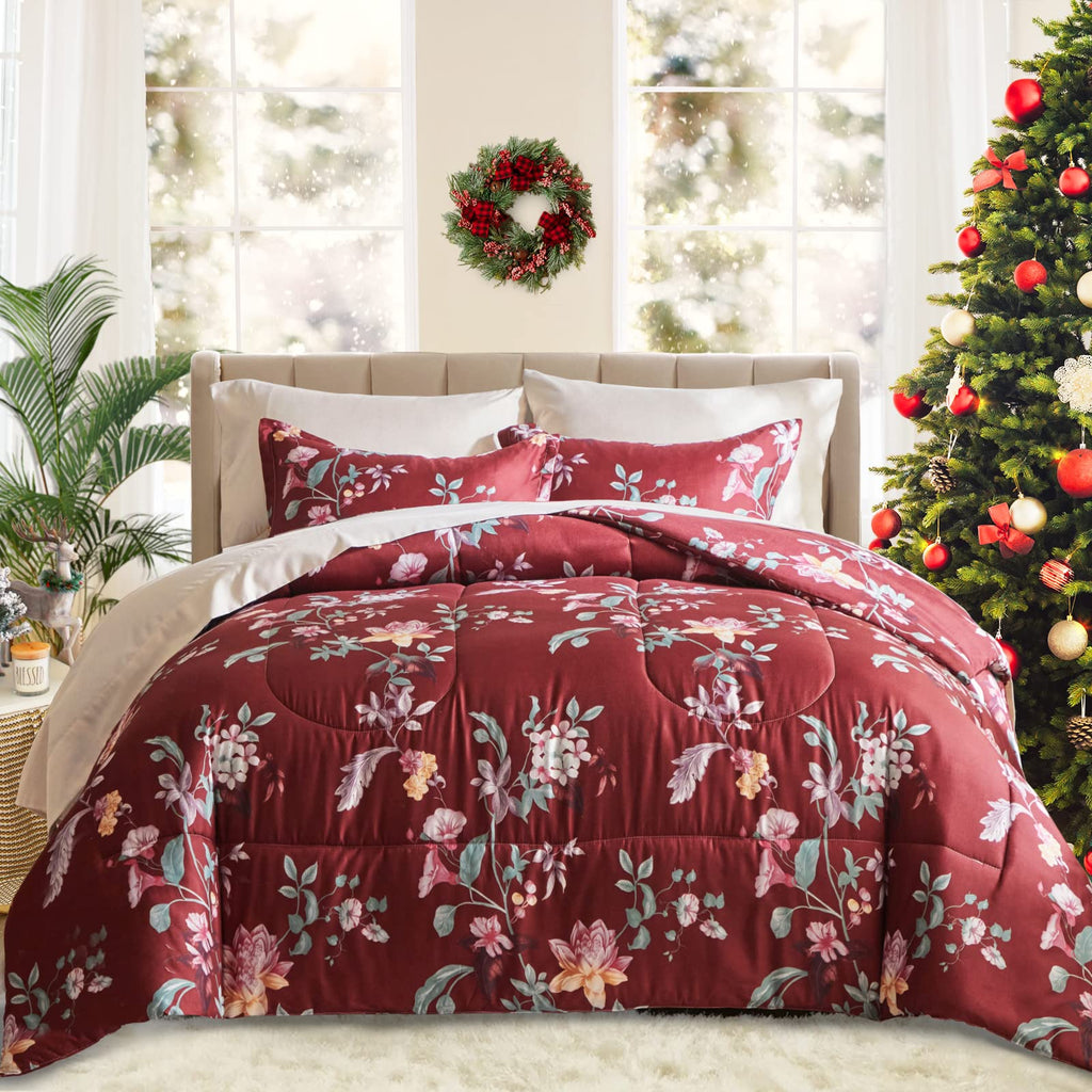Joyreap Bed in a Bag Queen 7 Piece Burgundy Red Floral Comforter Sheet Set Christmas All Season Microfiber Bedding Set- 1 Comforter 2 Pillow Shams 1 Flat Sheet 1 Fitted Sheet 2 Pillowcases